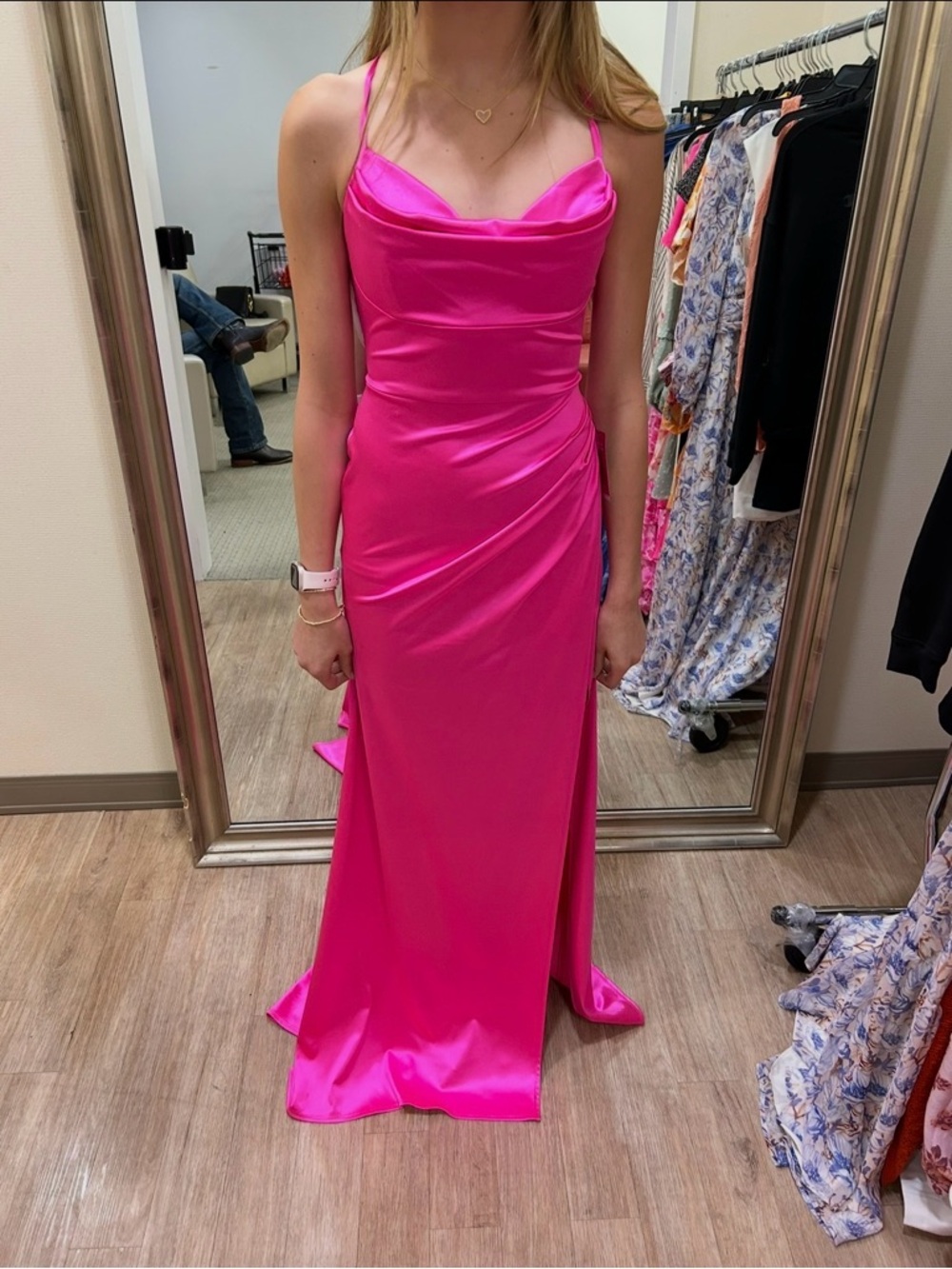 Dilllards Hot Pink Satin Cowl Neck Spaghetti Strap Evening Dress